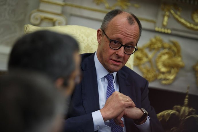 March 3, 2026, Washington, District Of Columbia, USA: German Chancellor Friedrich Merz speaks during a bilateral meeting with U.S. President Donald Trump in the Oval Office at the White House on March 3, 2026 in Washington, D.C. Trump is meeting with the 