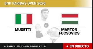 Lorenzo Musetti - Marton Fucsovics: resumen y estadísticas del partido de Treintaidosavos de final de BNP Paribas Open