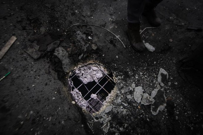 March 6, 2026, Sumy, Sumy, Ukraine: Hole in the roof of a residential building in Sumy after being hit by a Russian drone.