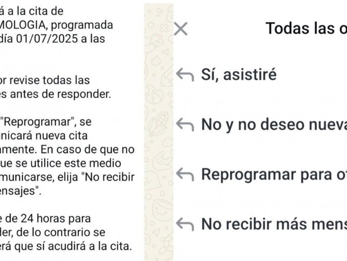 Ejemplo del mensaje de WhatsApp que reciben los pacientes para confirmar, cancelar o solicitar el cambio de fecha de su cita con el especialista a través del sistema TuCitaSALUD.