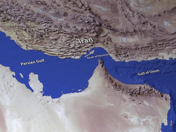 March 2, 2026, Taichung, Taiwan: A map showing the Persian Gulf, the Strait of Hormuz, Iran and the Gulf of Oman is displayed on a screen.