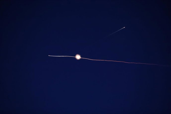 March 6, 2026, Hebron, West Bank, Palestinian Territory: Missiles launched from Iran in retaliation for Israeli attacks are seen in the night sky over the city of Hebron in the West Bank on March 07, 2026