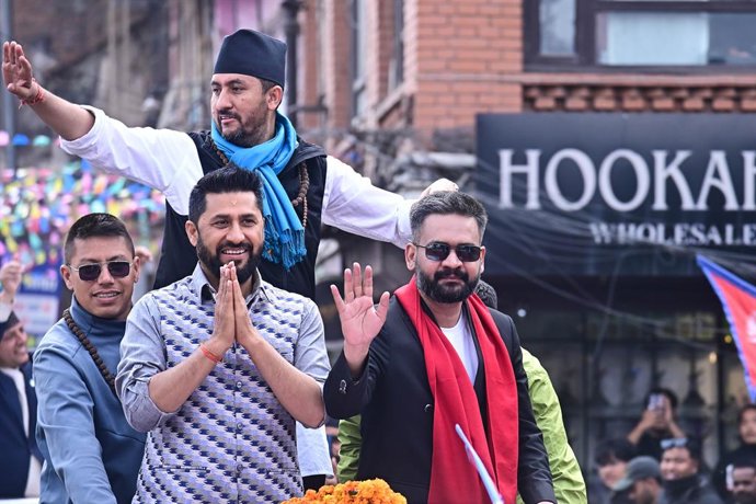 February 28, 2026, Kathmandu, Kathmandu, Nepal: Kathmanduâ€s former mayor and rapper-turned-politician, prime ministerial candidate for the Rastriya Swatantra Party (RSP), Balendra Shah, along with RSP President Ravi Lamichhane and Former Interim Communic