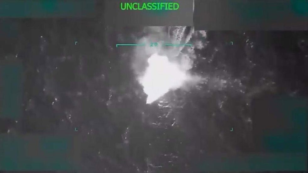 Archivo - October 16, 2025: A U.S. military video released by the Department of Defense shows a precision strike destroying a high-speed narcotics vessel in international waters on Sept. 2, 2025.