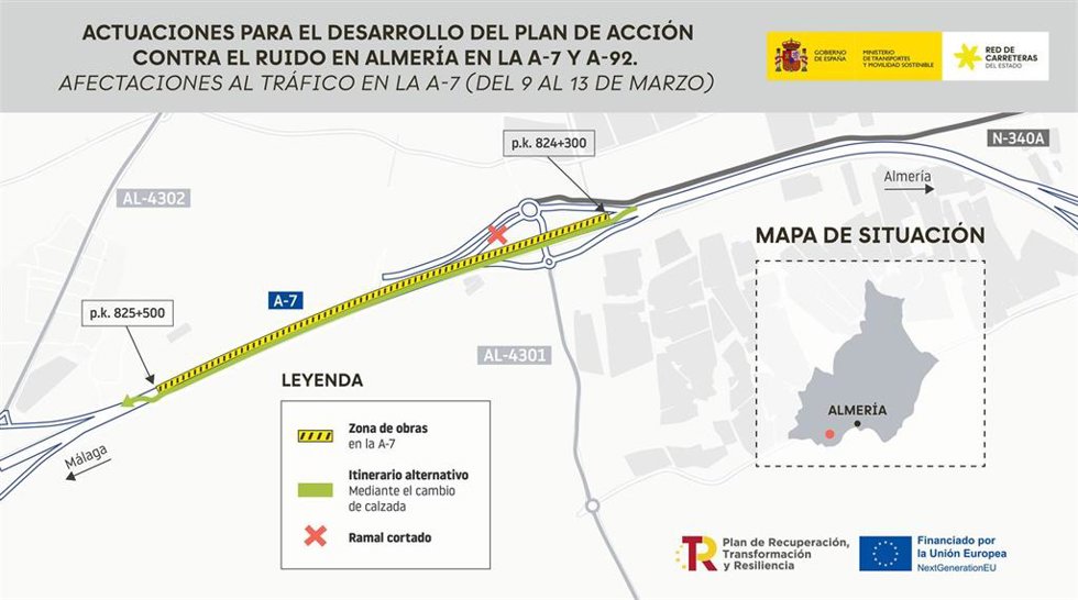 Mapa de las afectaciones al tráfico en la A-7 a la altura de El Ejido (Almería) entre el 9 y el 13 de marzo por las obras del plan contra el ruido.