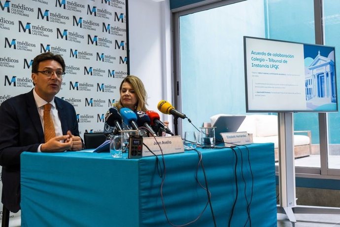 El presidente del Tribunal de Instancia de Las Palmas de Gran Canaria, Juan Avello, y la presidenta del Colegio de Médicos de Las Palmas, Elizabeth Hernández