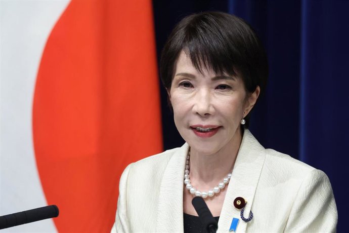 La primera ministra de Japón, Sanae Takaichi, durante una rueda de prensa en febrero.