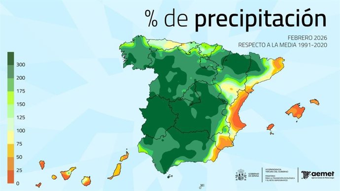 Febrero de 2026 acumuló 123,9 l/m2 de lluvia, casi dos veces y media más de lo normal.