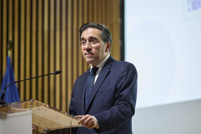 El ministro de Asuntos Exteriores, Unión Europea y Cooperación, José Manuel Albares, durante la presentación del III Plan Nacional de Acción Mujeres, Paz y Seguridad (2025-2030), en la sede del ministerio, a 2 de marzo de 2026, en Madrid (España). Con est
