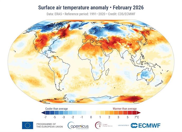 Febrero de 2026 fue el quinto mes más cálido registrado, con 1,49ºC de cambio climático, según Copernicus.