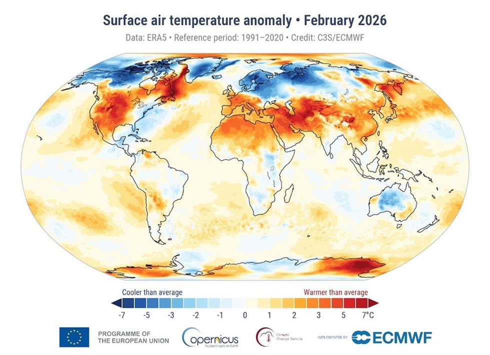 Febrero de 2026 fue el quinto mes más cálido registrado, con 1,49C de cambio climático, según Copernicus.