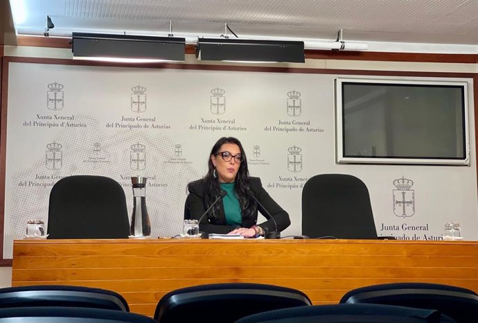 La portavoz parlamentaria de Vox Asturias, Carolina López, durante la rueda de prensa de este martes.