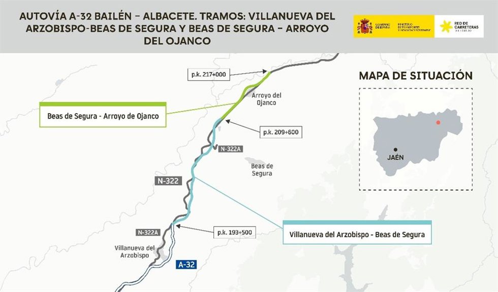Imagen del trazado de los dos nuevos tramos proyectados para la A-32 en la provincia de Jaén