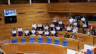 O grupo parlamentario do BNG no Pazo do Hórreo porta carteis de 'Non á guerra. Imperialismo nunca máis'.