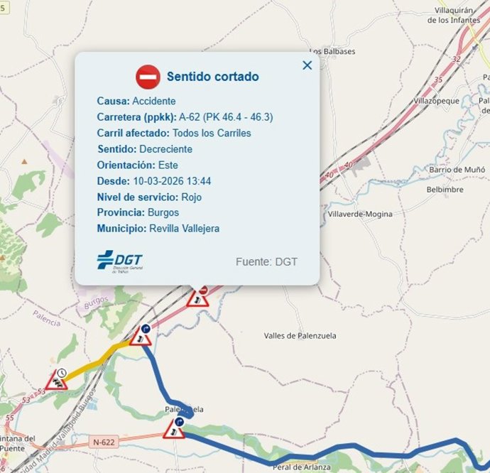 Corte de circulación por el vuelco de un camión que transportaba anilina en Burgos.