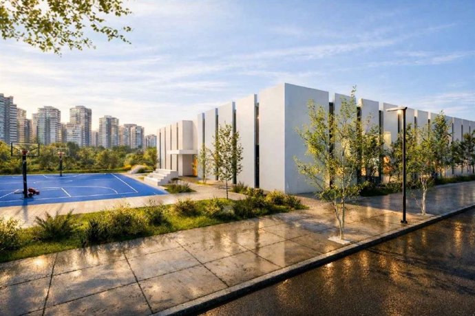 Recreación de uno de los pabellones de la Ciudad del Baloncesto de Alicante