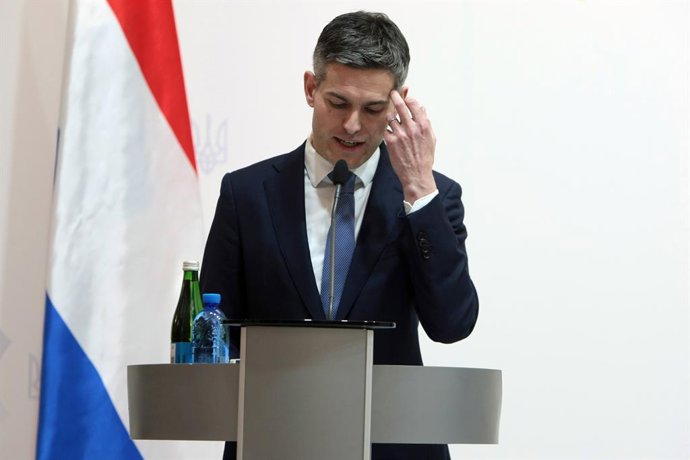 February 28, 2026, Kyiv, Ukraine: Minister of Foreign Affairs of the Netherlands Tom Berendsen, on his first visit to Kyiv since his appointment, attends a joint news conference with Minister of Foreign Affairs of Ukraine Andrii Sybiha following their mee