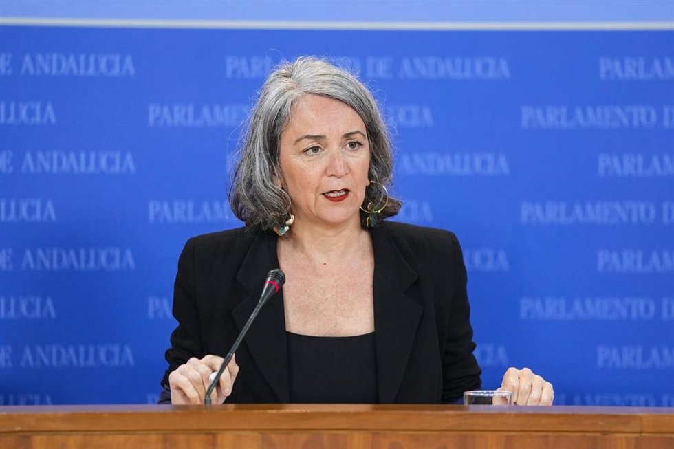 La portavoz adjunta del Grupo Mixto-AdelanteAndalucía, Begoña Iza, durante la ronda de ruedas de prensa de portavoces de los grupos parlamentarios en el Parlamento de Andalucía, a 11 de marzo de 2026 en Sevilla (Andalucía, España). Los portavoces de los