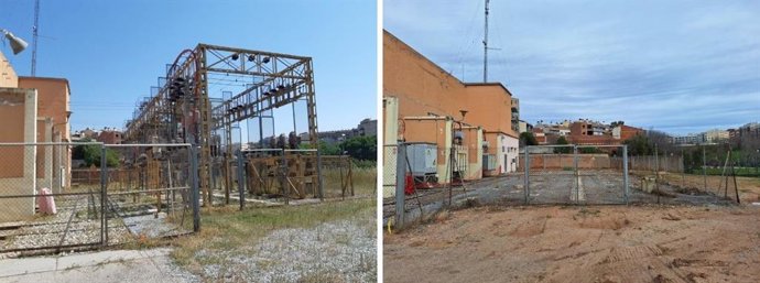 A la izquierda, imagen anterior de la subestación de Terrassa (Barcelona) y a la derecha, una vez renovada
