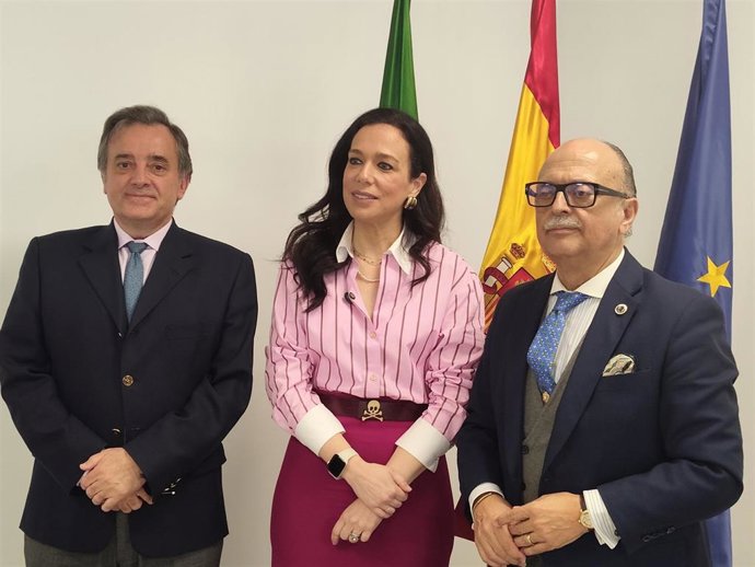La consejera de Sanidad y Servicios Sociales, Sara García Espada, y los presidentes de los colegios de médicos de Cáceres y Badajoz, Evelio Robles y Pedro Hidalgo, respectivamente, tras la reunión en Mérida.