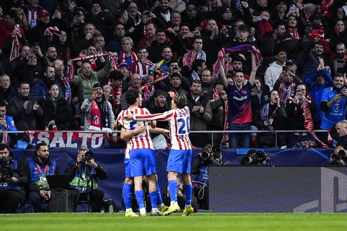 Robin Le Normand of Atletico de Madrid celebrates a goal during the UEFA Champions League 2025/26 Round of 16 First Leg match between Atletico de Madrid and Tottenham Hotspur at Riyadh Air Metropolitano on March 10, 2026, in Madrid, Spain.
