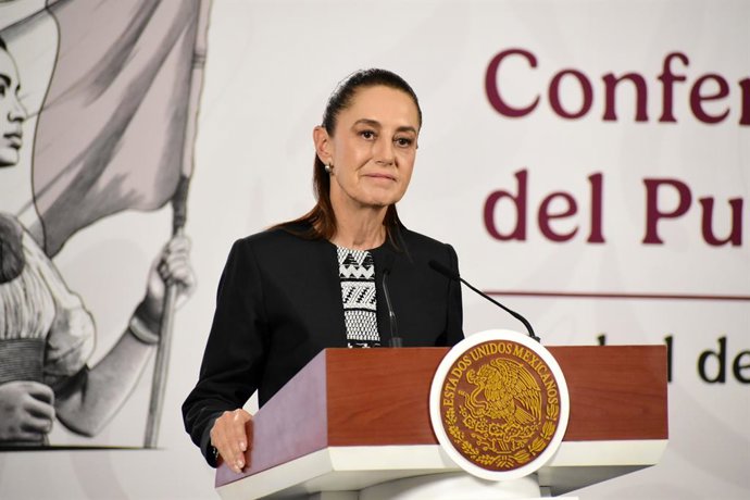Mexican President Claudia Sheinbaum Pardo speaks during a news conference about the first voluntary collaboration agreement with digital platforms to combat  violence against women,  at the National Palace. on March 11, 2026 in Mexico City, Mexico.