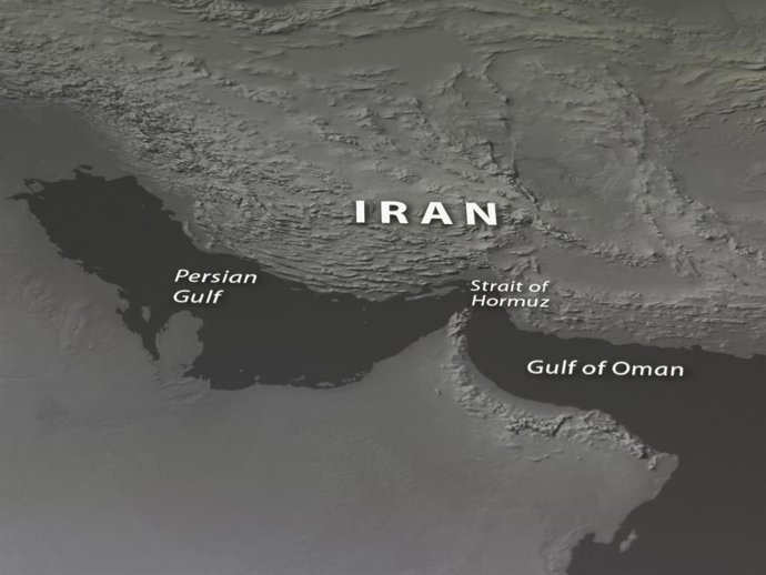 March 4, 2026, Taichung, Taiwan: A map depicting the Persian Gulf, the Strait of Hormuz, Iran and the Gulf of Oman is displayed on a screen