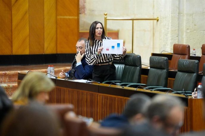 La consejera de Fomento, Articulación del Territorio y Vivienda de la Junta de Andalucía, Rocío Díaz, en sesión parlamentaria.