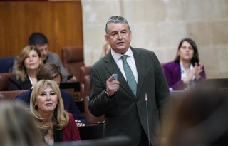 El consejero de Sanidad, Presidencia y Emergencias de la Junta de Andalucía, Antonio Sanz, interviene desde su escaño en la segunda jornada del Pleno del Parlamento andaluz.