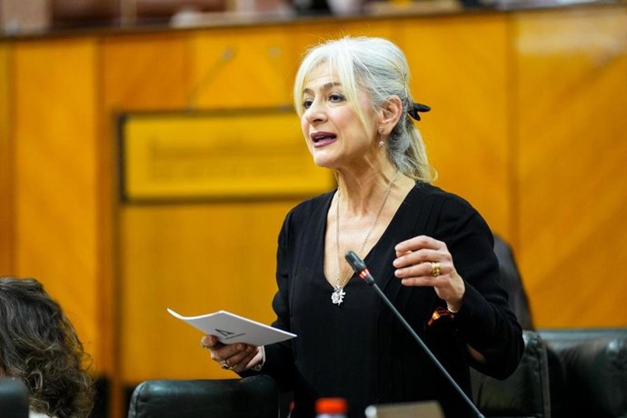 La consejera de Cultura y Deporte, Patricia del Pozo, durante su intervención en la sesión de control del Pleno del Parlamento.