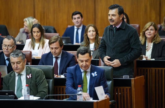 El portavoz del Grupo Parlamentario Popular, Toni Martín, este jueves durante su pregunta al presidente de la Junta, Juanma Moreno, en el Pleno del Parlamento. 