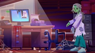 Ilustración de un zombie junto a un ordenador.