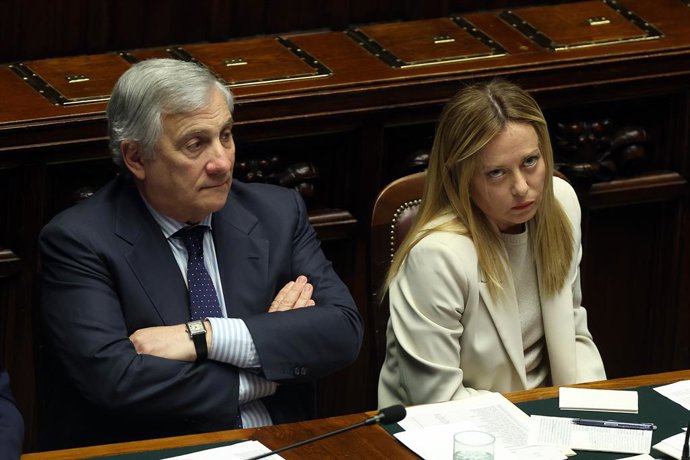Rome, Italy, Italy: Rome, Italy - March 11, 2026: Foreign Minister Antonio Tajani with Giorgia Meloni. Italian Prime Minister Giorgia Meloni speaks in the Chamber of Deputies in the Montecitorio Chamber with communications ahead of the European Council me