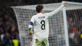 El centrocampista uruguayo Fede Valverde celebra un gol con el Real Madrid CF en la Champions 2025-26. 