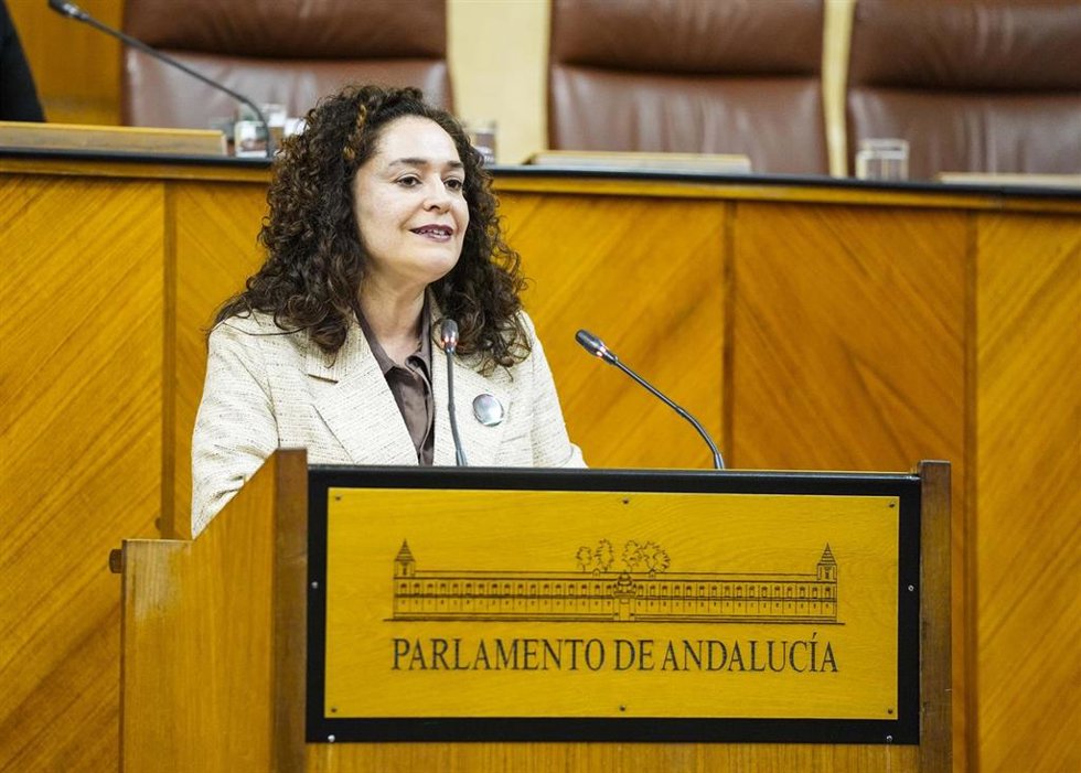 La portavoz del Grupo Por Andalucía, Inma Nieto, este jueves en el Pleno del Parlamento en la defensa de la PNL contra el acuerdo UE-Mercosur.
