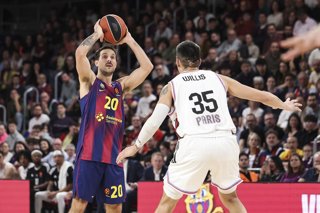 Nico Laprovittola of FC Barcelona in action during the EuroLeague Regular Season Round 28 match played between FC Barcelona and Paris Basketball at Palau Blaugrana on February 12, 2026 in Barcelona, Spain.