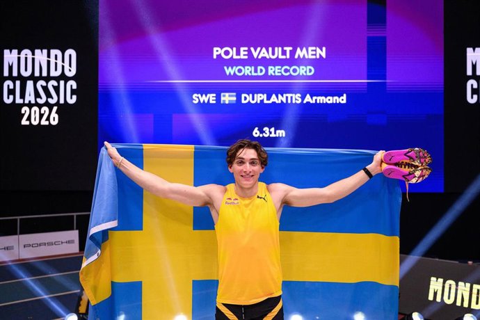 March 12, 2026, Uppsala, Sweden: 260312 Armand Duplantis of Sweden celebrates after a new world record by clearing 6.31 meters during the pole vault competition Mondo Classic on March 12, 2026 in Uppsala. .Photo: Jesper Zerman / BILDBYRÃN / kod JZ / JZ06