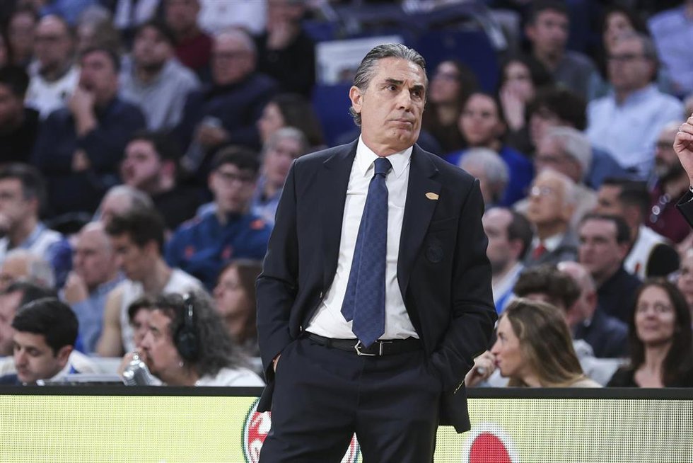 Sergio Scariolo, head coach of Real Madrid gestures during the Turkish Airlines EuroLeague match between Real Madrid and Valencia Basket at Movistar Arena on March 12, 2026 in Madrid, Spain.