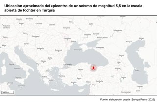 Epicentro aproximado del terremoto de mgnitud 5,5 en la escala abierta de Richter registrado en Turquía el 13 de marzo de 2026