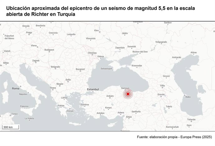 Epicentro aproximado do terremoto de magnitude 5,5 na escala aberta de Richter registrado na Turquia em 13 de março de 2026