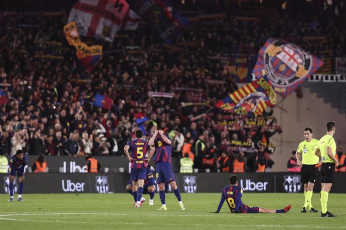 Players of FC Barcelona lament their elimination from the Spanish Cup, Copa del Rey, football match Semifinal Second Leg played between FC Barcelona and Atletico de Madrid at Spotify Camp Nou stadium on March 03, 2026 in Barcelona, Spain.
