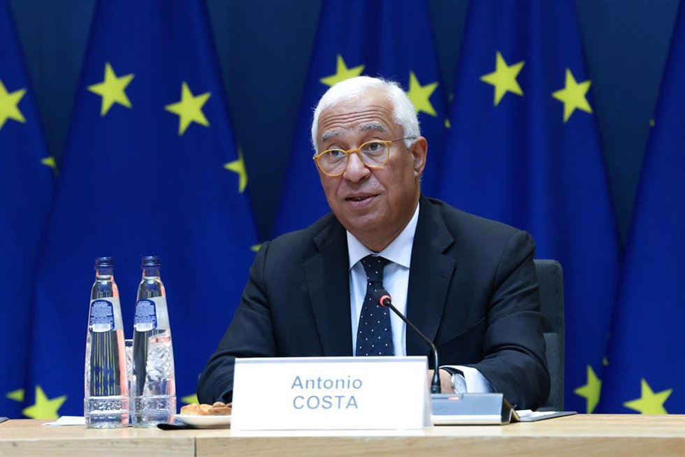 El presidente del Consejo de la UE, António Costa, habla durante una videollamada con líderes de Oriente Próximo.