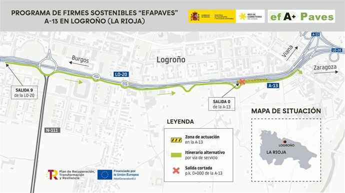 Transportes rehabilita el firme de la autovía A-13 a su paso por Logroño, con una inversión de 2,23 millones de euros