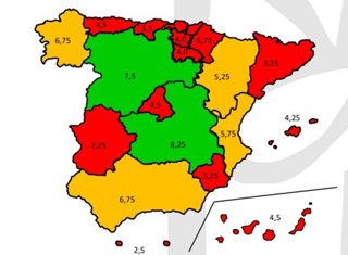 Captura del mapa con las notas obtenidas por las CCAA en la atención a la Dependencia.