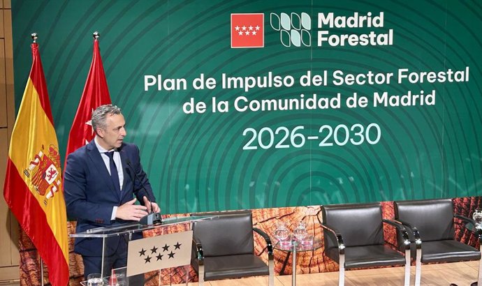 El consejero de Medio Ambiente, Agricultura e Interior de la Comunidad de Madrid, Carlos Novillo, durante lapresentación del plan 'Madrid Forestal'