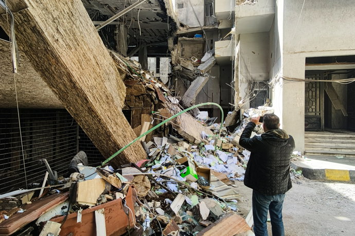 LEBANON, BEIRUT - MARCH 13, 2026: The ruins of a branch of the Shia Bank Al Qard Al Hassan in Salim Salam Street destroyed in an Israeli military strike on Bachoura