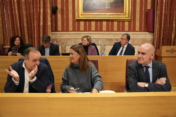 Archivo - Los concejales socialistas, Fran Páez (i), Sonia Gaya (c) y Antonio Muñoz (d), durante un pleno del Ayuntamiento de Sevilla