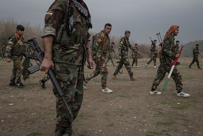 February 14, 2026, Iraqi Kurdistan, Iraq: Around a hundred men from the PAK, a party of Iranian Kurdish peshmerga, are training in the Erbil region of Iraqi Kurdistan. 14 February 2026.