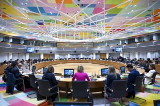 Vista general de la videoconferencia informal de los ministros de Asuntos Exteriores celebrada el pasado 5 de marzo en el edificio del Consejo Europeo en Bruselas