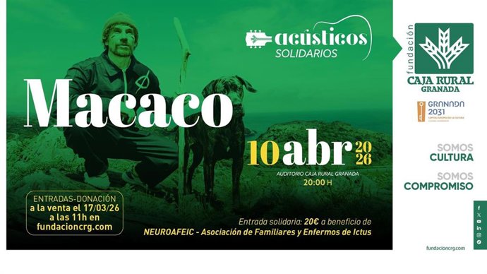 Cartel del concierto de Macaco en el ciclo Acústicos Solidarios de Fundación Caja Rural Granada.